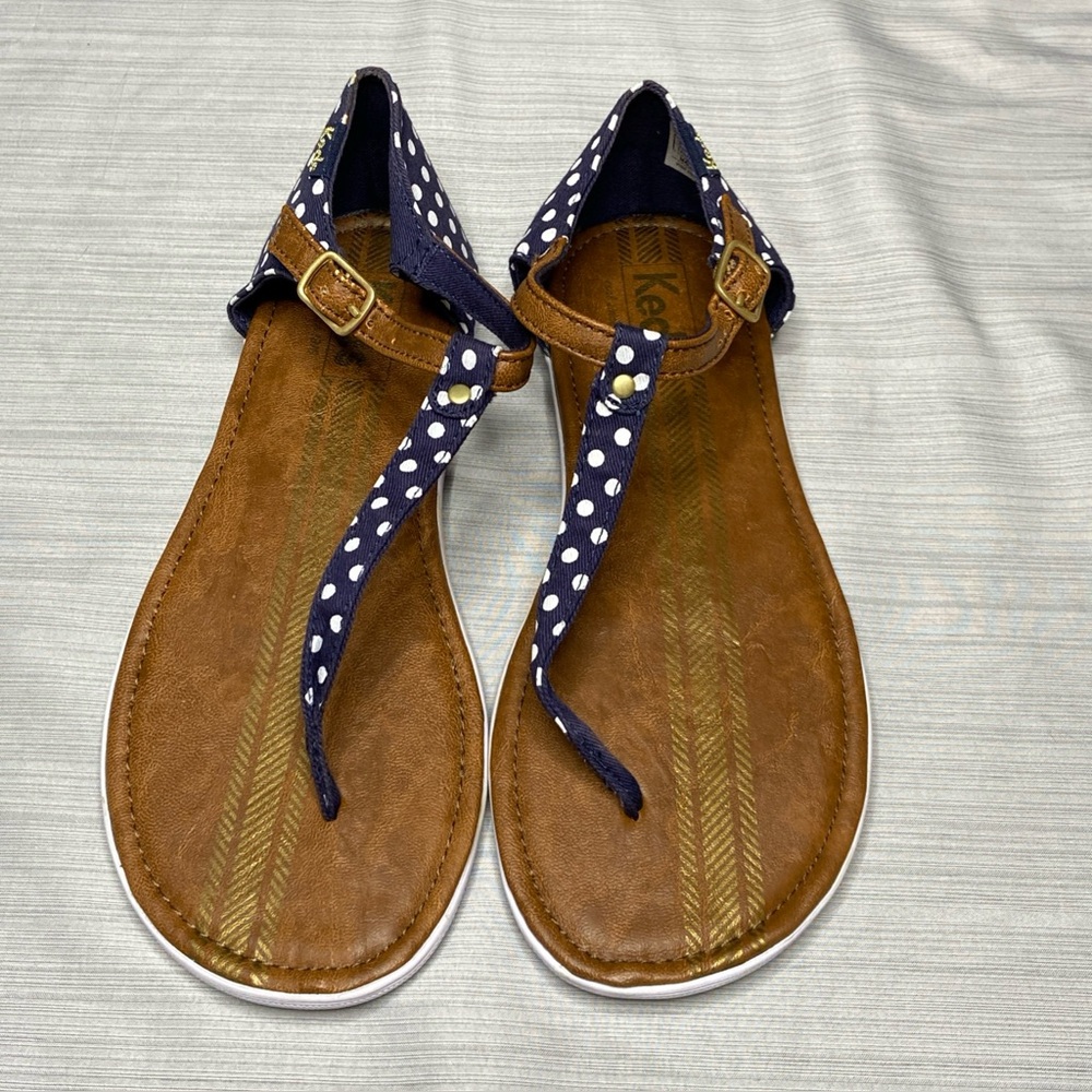 Keds Thong Sandals Open Toe Closed Heel Polka Dot Print Navy Blue White Size 7